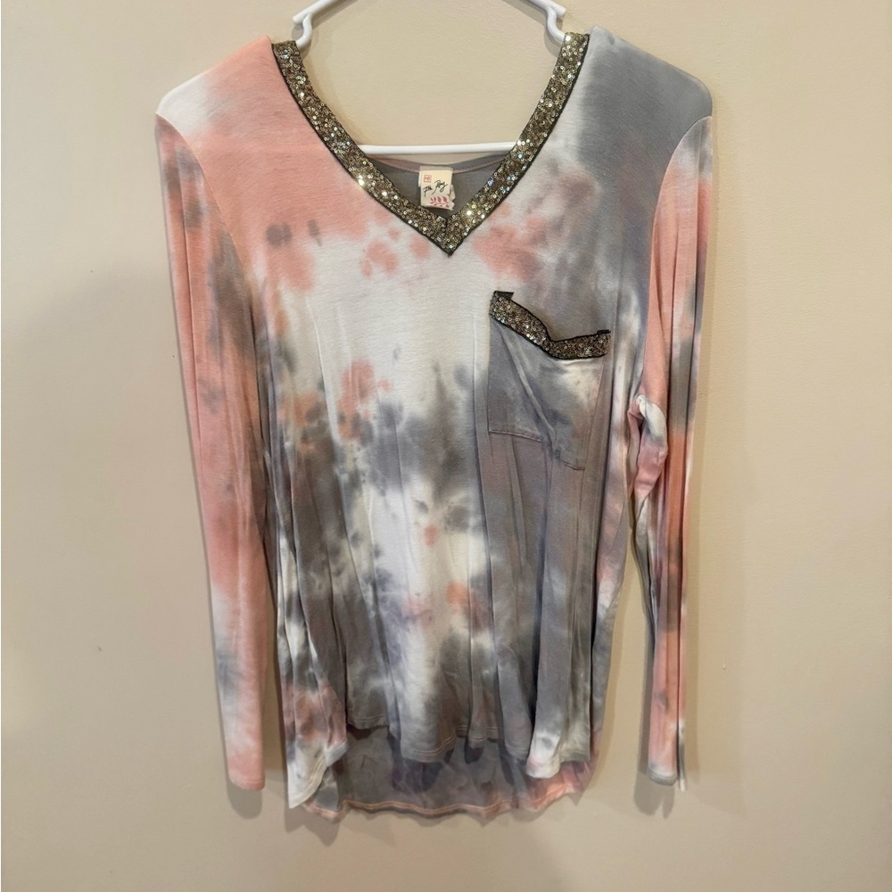 Women's Tie-Dye V-Neck Top with Sequin Trim